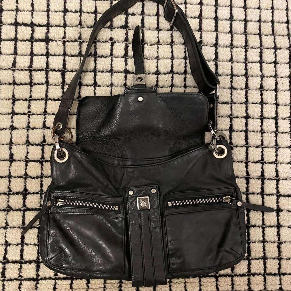 Lanvin Black Leather Shoulder Bag with Silver Hardware